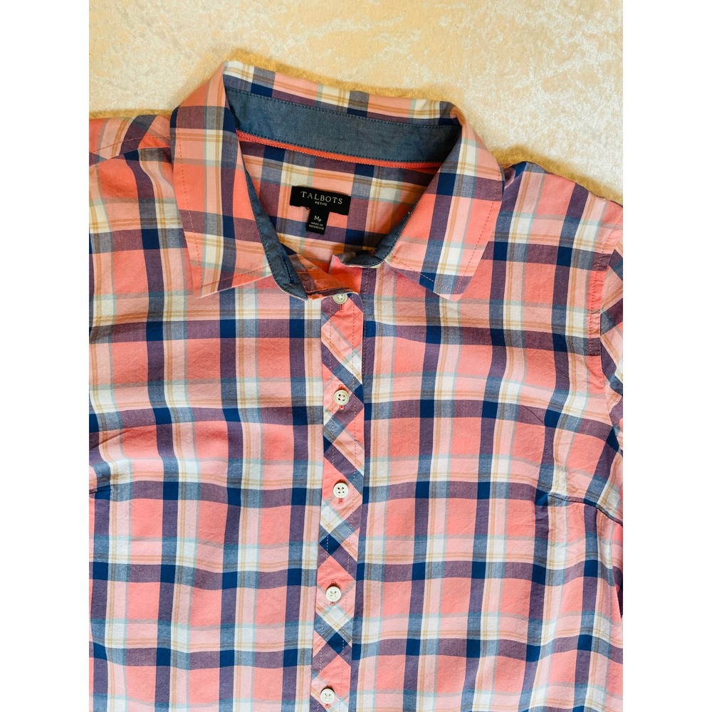 Talbots Flannel Shirt Women Medium Petite Coral Plaid EUC Long Sleeve Cotton